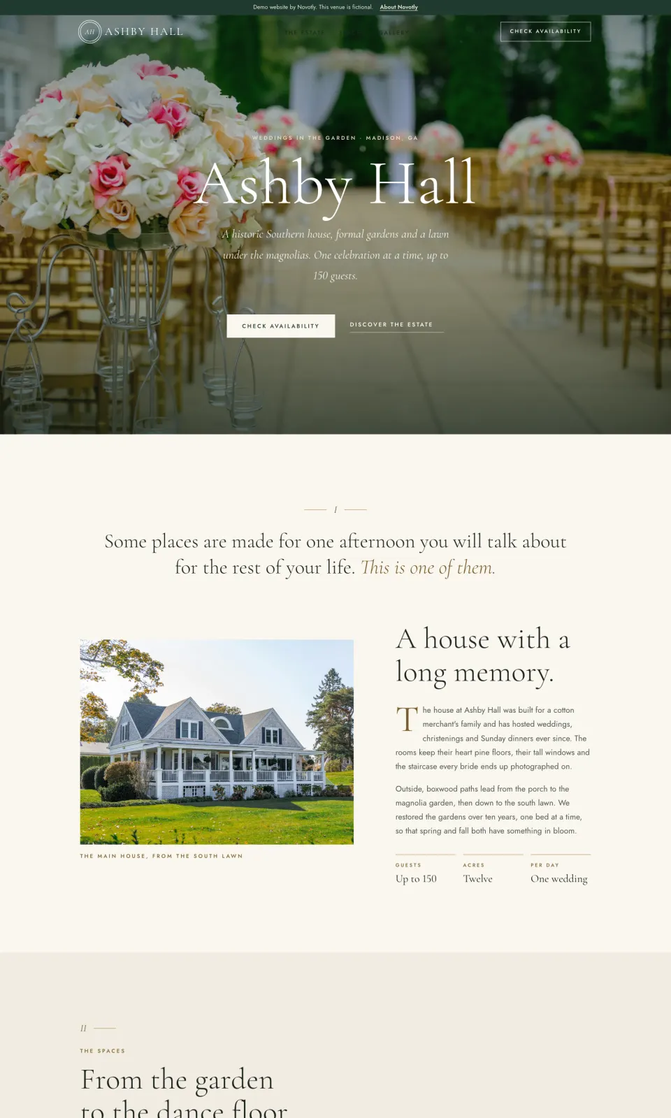 Demo website for a fictional garden estate, Wrenfield Hall: a path under rose arches and an elegant serif headline.